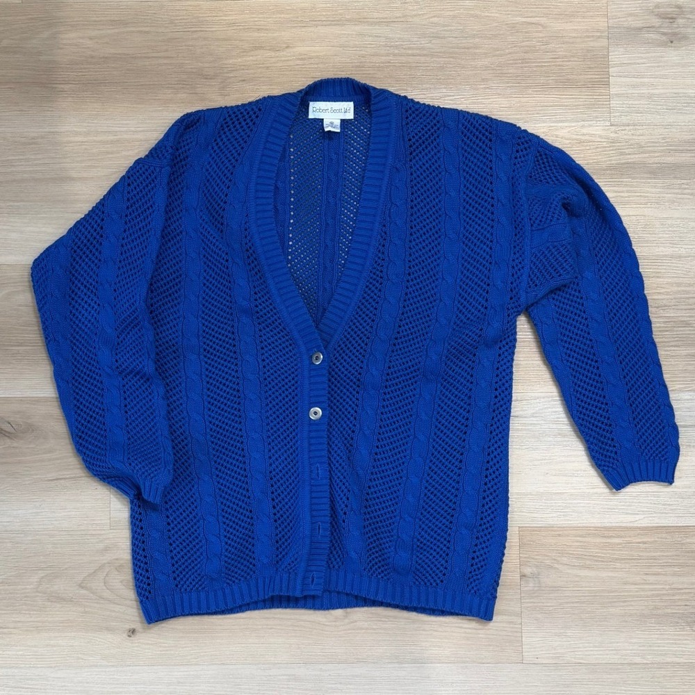 Robert Scott Ltd Blue V-Neck Button Up Crochet Cardigan -Size Medium‎